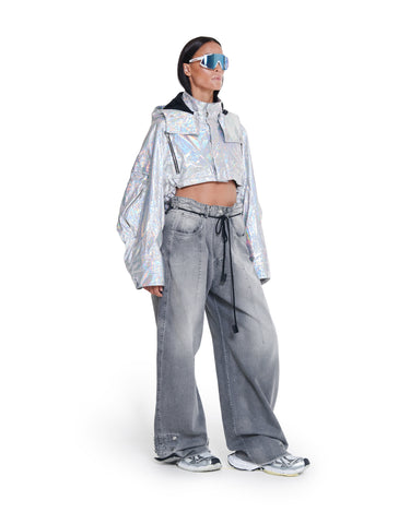 Silver holographic cropped parachute jacket with hood and front patch pockets