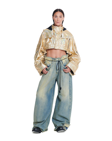 Gold holographic cropped parachute jacket with hood and elastic cuffs; roomy fit