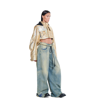 Gold holographic cropped parachute jacket with hood and high collar with loose drape