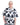 Printed camp shirt with collar and short sleeves, black abstract pattern on white.