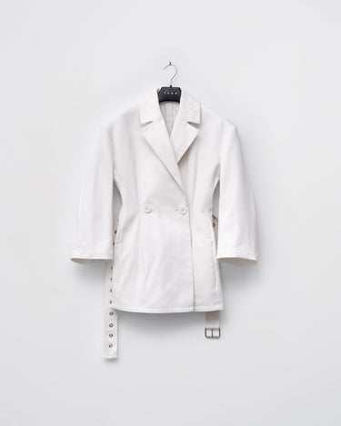 Ivory denim jacket dress with notch lapels and buttoned front