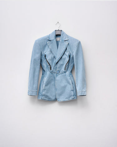 Light blue denim jacket dress with notch lapels and front button closure