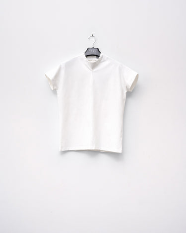 White crew-neck cotton T-shirt on hanger, short sleeves