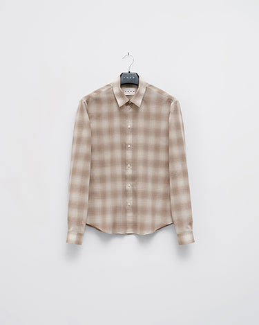 Beige plaid button-up shirt with pointed collar and long sleeves