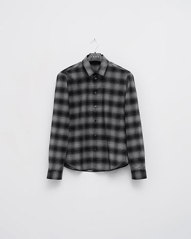 Grey plaid button-up shirt with pointed collar and long sleeves