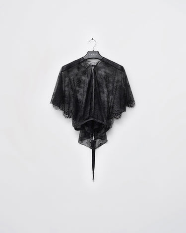Black lace blouse with short sleeves and sheer overlay, high neck button front