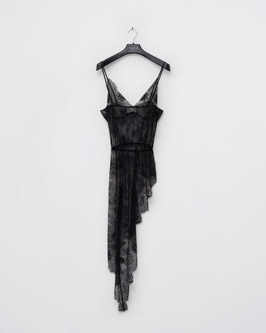 Nocturne slip dress in black sheer lace with spaghetti straps and scalloped hem
