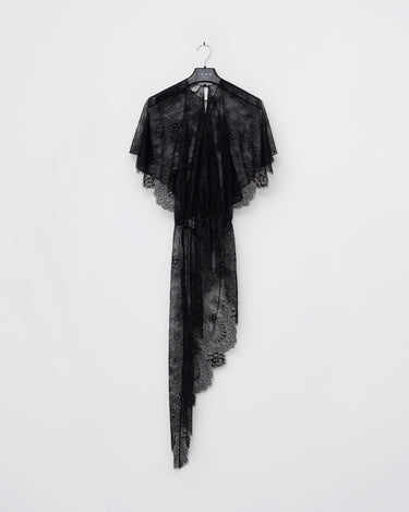 Black lace dress with layered asymmetrical hem and short cape sleeves