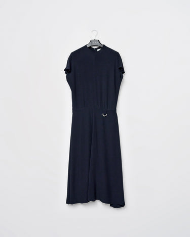 Navy fluid midi dress on hanger with tie detail at waist and side slit