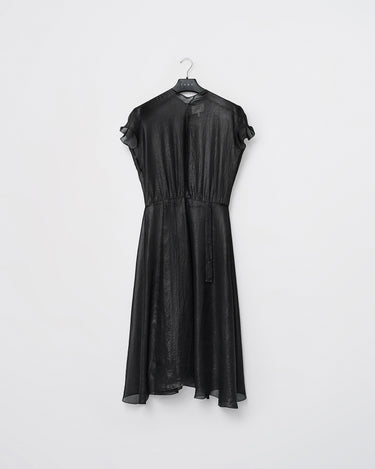 Black sheer midi dress with cap sleeves and waist tie detail