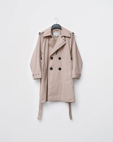 Nude textured trench coat on hanger with black buttons, notched collar, and belt.