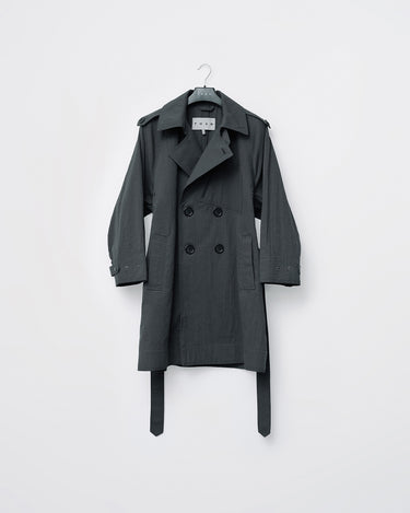Dark gray textured trench coat on hanger with button front and belt tie
