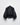Black glossy balloon jacket with front zipper and gathered hem, hanging on a hanger