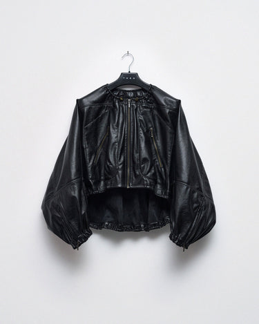 Black glossy balloon jacket with front zipper and gathered hem, hanging on a hanger
