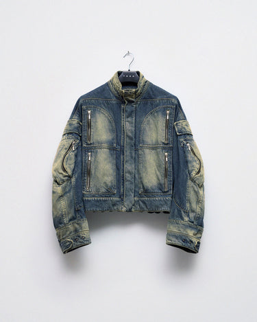 Faded blue denim jacket with front zipper, stand collar, and chest flap pockets