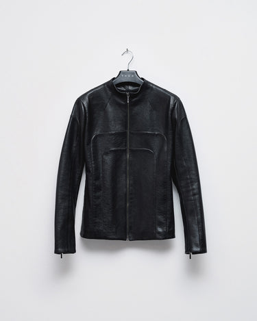 Men's black leather-look zip jacket on hanger, stand collar, long sleeves