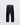 Pair of black faux-leather trousers hanging, straight leg with belt loops