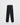 Black track pants with elastic waistband and tapered legs, hanging on a hanger