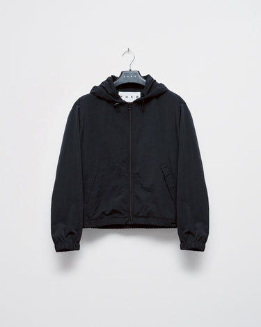 Dark hooded wind shell jacket, cropped cut with full-zip front and elastic cuffs.