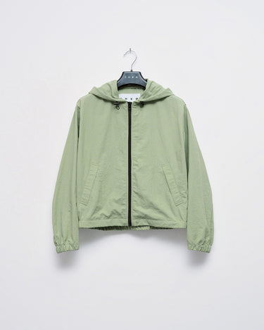 Light green wind shell jacket laid flat, front view, with hood and full zip