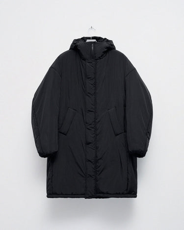 Black hooded puffer coat with full-length zipper and side pockets