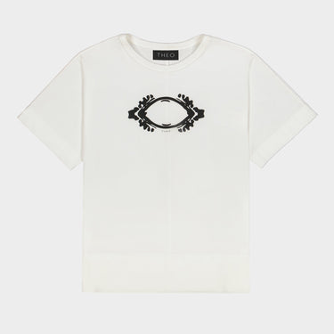 White jersey t-shirt featuring a black 3D eye graphic on front