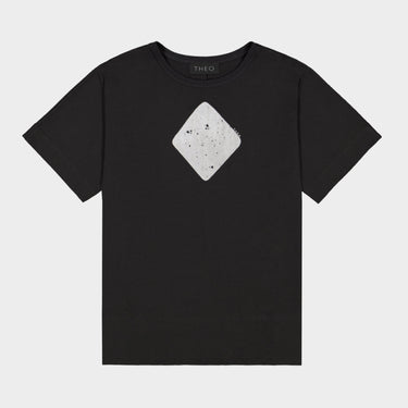 Black crew-neck jersey T-shirt with white speckled 3D rhombus print