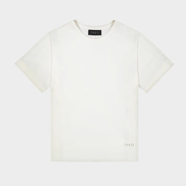 White jersey T-shirt with crew neck; small Theo logo at lower right