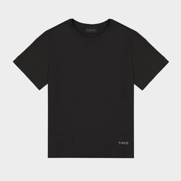 Black jersey T-shirt with THEO logo at hem, crew neck short sleeves