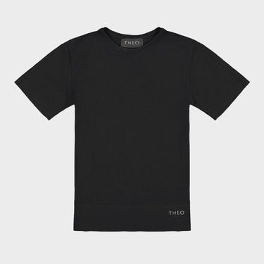 Black THEO jersey T-shirt, ribbed crew neck and small THEO logo at lower hem