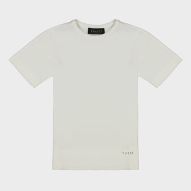 Off-white jersey T-shirt with THEO label at collar and small THEO mark