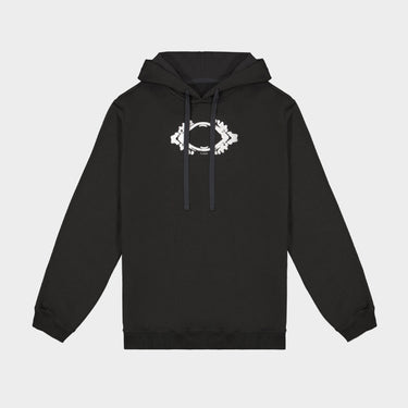 Black hoodie with white 3D eye print, adjustable hood with drawstrings.