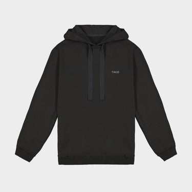 Black pullover hoodie with Theo logo chest, front view hood drawstrings