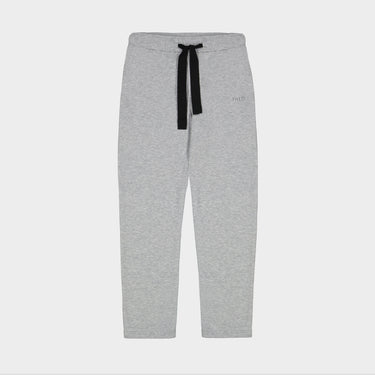 Gray cropped sweatpants with black drawstring bow and small Theo logo