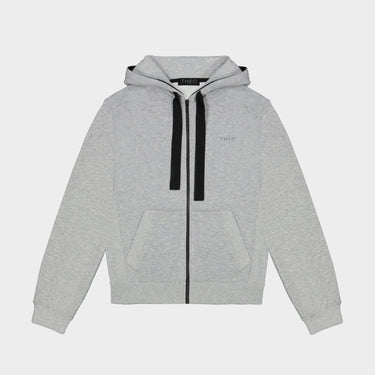 Grey zip-up hoodie with hood, black drawstrings, THEO logo on chest