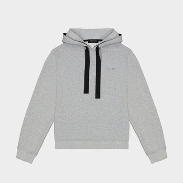 Heather gray hoodie with hood, black drawstrings, small Theo logo; kangaroo pocket