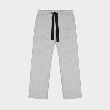 Light gray sweatpants with black drawstring and THEO logo on right thigh