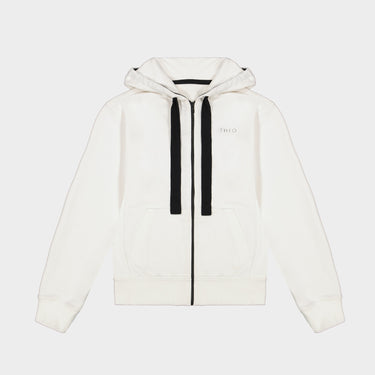 White zip-up hoodie with hood, black drawstrings, Theo logo on chest