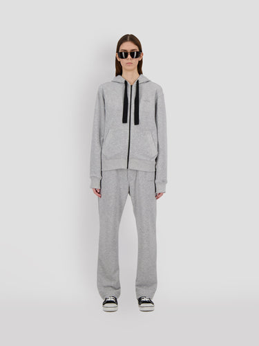 Grey zip-up hoodie with hood and black drawstrings, front view