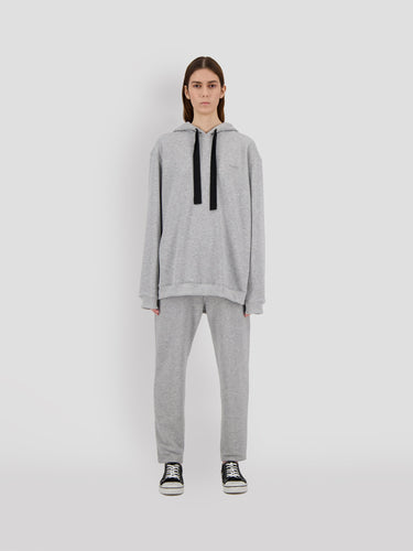 Heather gray hoodie front view with hood and black drawstring; kangaroo pocket