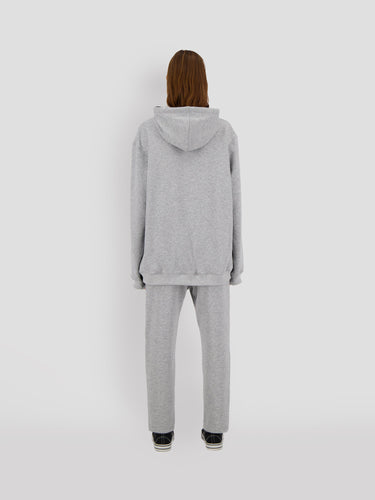 Heather gray hoodie back view with hood and black drawstring
