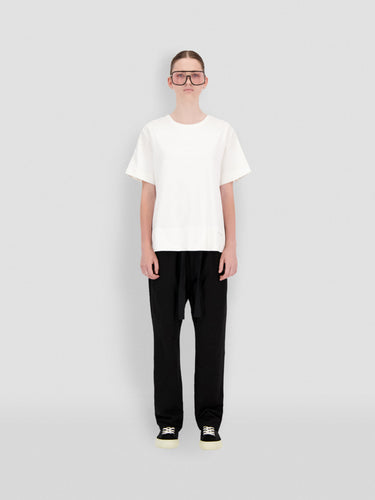 White jersey T-shirt with crew neck and short sleeves, plain front