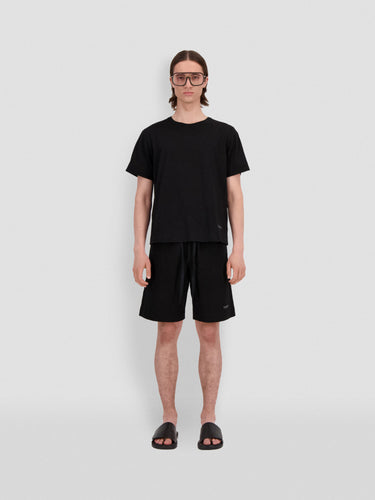 Black jersey T-shirt, front view, crew neck short sleeves