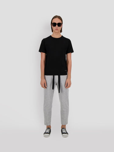 Black jersey T-shirt with small THEO logo print at chest, crew neck and short sleeves