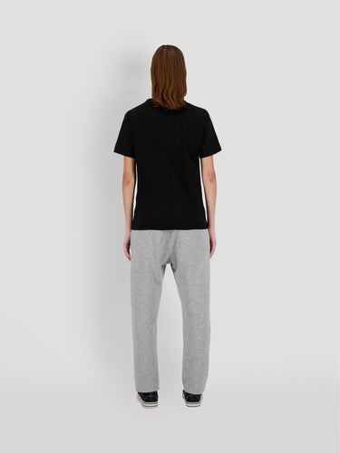 Heather gray straight-leg sweatpants, back view, straight seams to hem