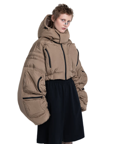 Cropped puffer jacket with hood, taupe fabric with navy midsection panel