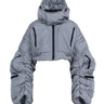 Gray cropped puffer jacket with hood, front zipper, wide cropped hem