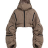 Cropped puffer jacket, taupe colorway with hood and navy zip trim, front view