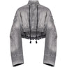 Distressed cropped gray denim jacket with high neck and back tucks with drawcord ends
