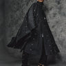Long hooded dark cape with front button placket and scattered silver details